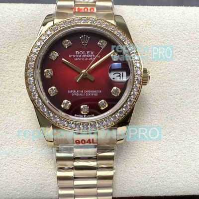 Swiss Quality Copy Rolex Datejust 31mm Yellow Gold Red Dial Diamond Ladies Watch 